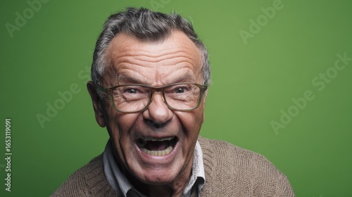 An older man with a broad smile and prominent facial expressions laughs joyfully,