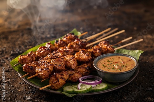 Charred chicken satay skewers with peanut sauce, cucumber, and onion