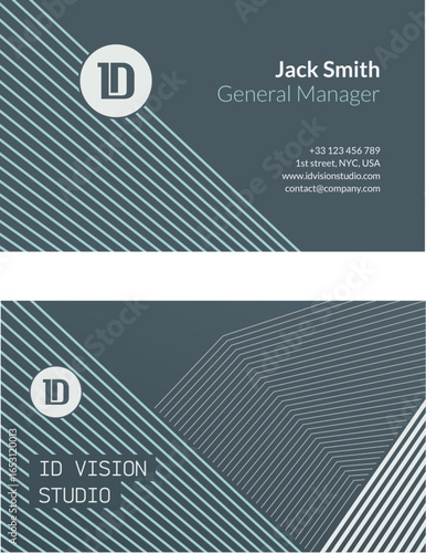 Business card: dark teal background, white diagonal lines, white circle logo, "Jack Smith," "General Manager," contact information; professional, clean design.