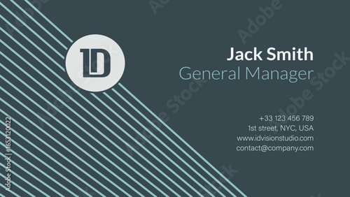 Business card: dark teal background, white diagonal lines, white circle logo, "Jack Smith," "General Manager," contact information; professional, clean design.