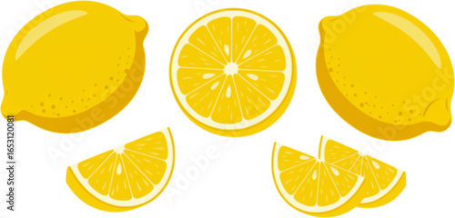 Lemon cut slices vector set, Whole, half and slice chopped lemon fruit flat collection