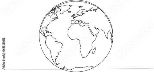Continuous one line art drawing of earth planet, Globe, geography vector outline, Single line illustration of world map