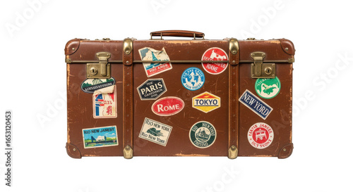 Vintage suitcase covered in travel stickers isolated on transparent background