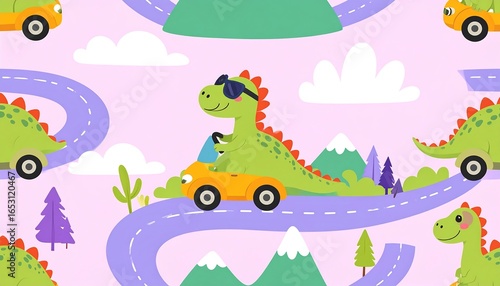 Cartoon dinosaurs driving cars on winding road, pink background