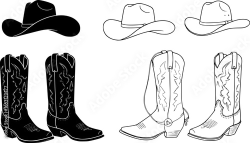 Cowboy boots and western hat, Set of rodeo cowboy Silhouette,Vector illustration. Cowboy boot line art isolated on white background