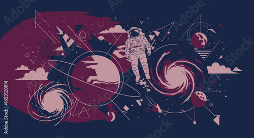 A Captivating Space Odyssey Illustration Featuring a Skateboard-Riding Astronaut Amidst Planets and Galaxies for Sci-Fi Designs and Cosmic Projects