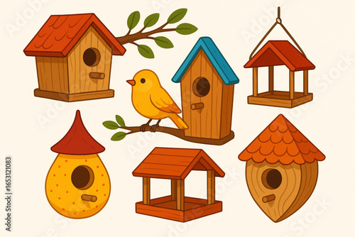 Bird Houses Set Cute Cartoon Birdhouses with Birds Feeders Nests Vector Illustration for Spring and Summer