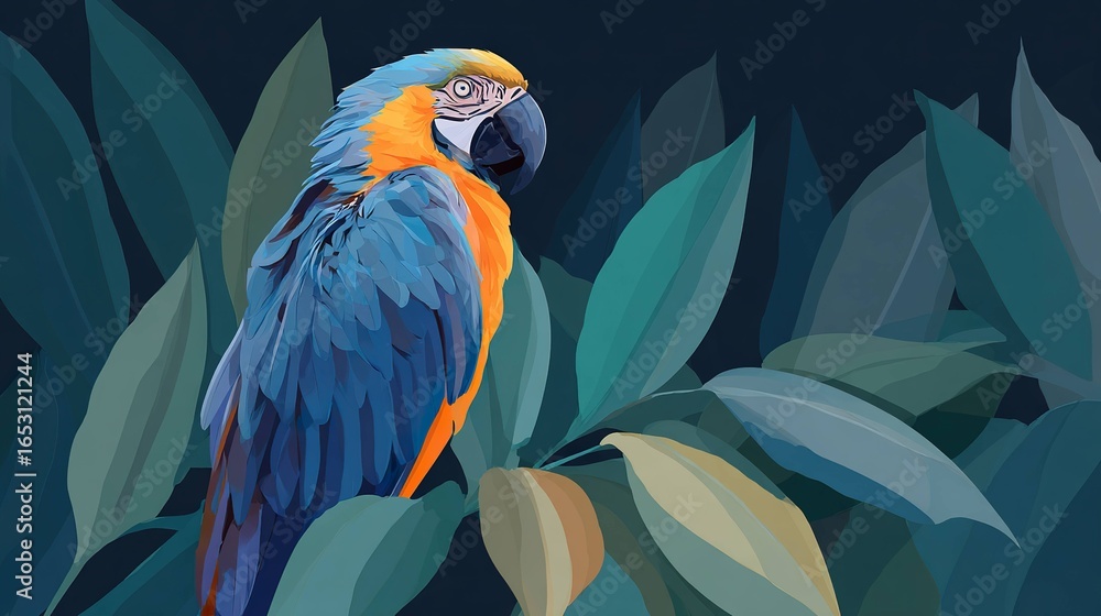 Obraz premium Macaw bird amidst tropical leaves