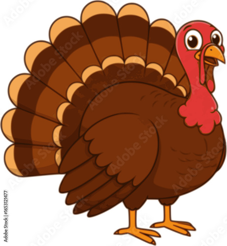 Happy Thanksgiving Turkey: A cheerful, cartoon-style turkey with vibrant plumage stands proudly, ready to celebrate Thanksgiving. Its expressive eyes and open beak convey pure joy and festive spirit.