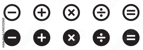 Calculator, math icon. Plus, minus, multiply, equal and divide sign with Circle Design. Basic mathematical symbol. 