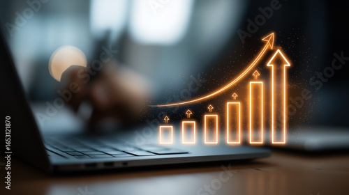 Business Growth Concept with Graph and Laptop in Blurred Background