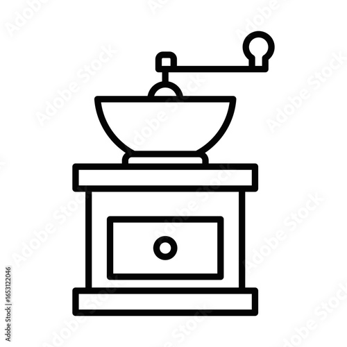 A black and white drawing of a coffee grinder. The grinder is a simple design with a handle and a crank. Editable stroke.