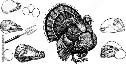 Turkey hand drawn illustration in engraving or woodcut style. Gobbler meat and eggs vintage produce elements. Badges and design elements for the turkeycock manufacturing. Vector illustration.