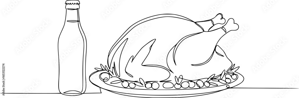 Obraz premium continuous line drawing of roast turkey thanksgiving diner menu.one line drawing of roast turkey with bottled drink.single line vector illustration.isolated white background 