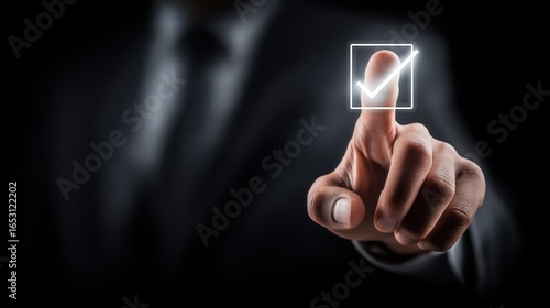 Businessman Gently Tapping Digital Check Mark on Invisible Screen