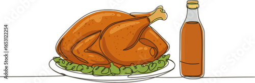 continuous line drawing of roast turkey thanksgiving diner menu.one line drawing of roast turkey with bottled drink.single line vector illustration.isolated white background 