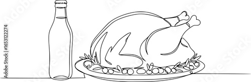 continuous line drawing of roast turkey thanksgiving diner menu.one line drawing of roast turkey with bottled drink.single line vector illustration.isolated white background 