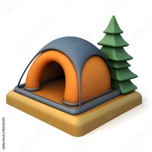 Cartoon Style Camping Tent with Green Tree on a White Background