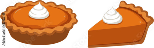 Pies Vector Illustration.Thanksgiving and Holiday Pumpkin Pie. Happy Thanksgiving Day traditional pumpkin pie with whipped cream on the top Web site page and mobile app design vector element 