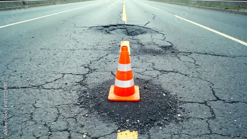 A traffic cone marks a pothole on a deserted road, highlighting road maintenance issues