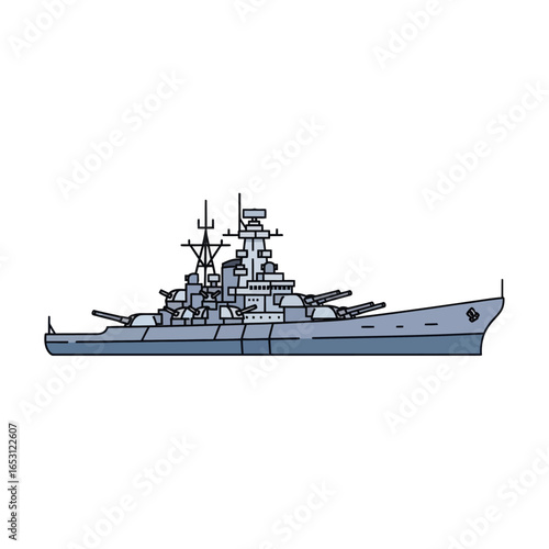 A detailed illustration of a large, imposing battleship with multiple gun turrets and a complex superstructure.