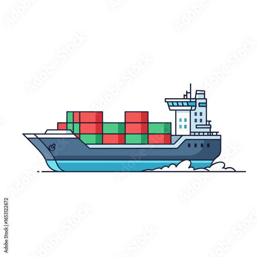 A modern cargo ship carrying many containers sails through the water, creating a wake.