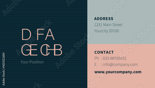 A business card features a dark blue section with stylized rose-gold letters, juxtaposed against muted pastel blocks containing address and contact information in gray.
 Business Card_Front