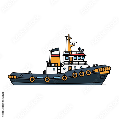 Illustration of a blue and white tugboat with yellow accents on a white background.