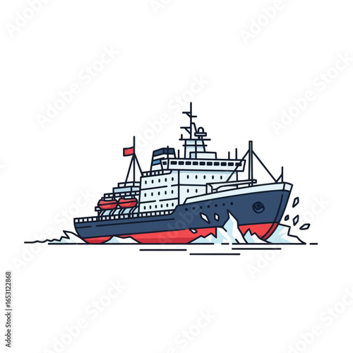 A detailed line drawing of an icebreaker ship sailing through icy waters.
