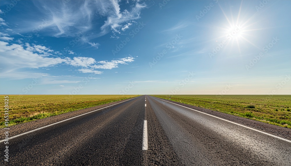 Fototapeta premium Asphalt Straight Road With Blue Sky and Sun Flare Landscape
