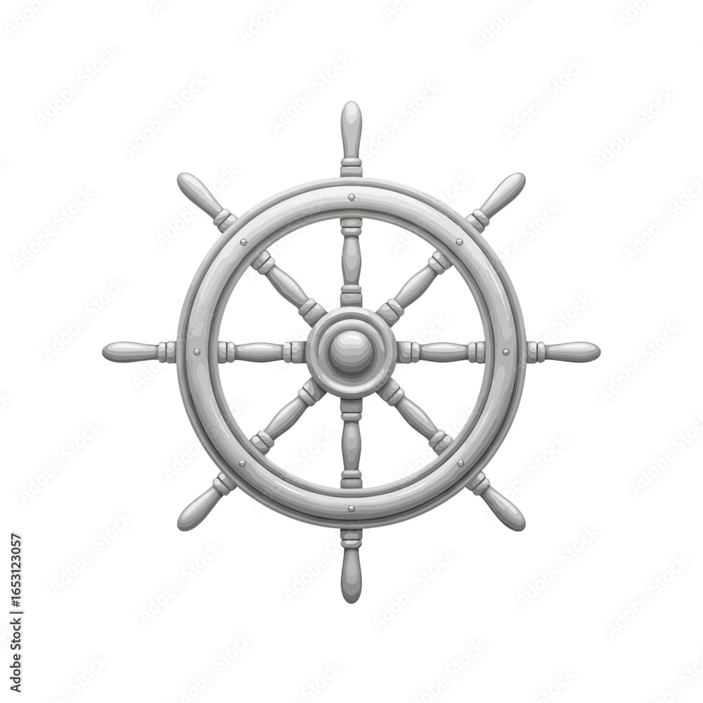 Obraz premium A realistic 3D rendering of a classic ship's steering wheel, isolated on a white background.