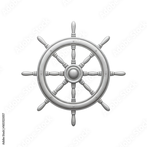A realistic 3D rendering of a classic ship's steering wheel, isolated on a white background.