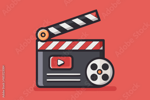 Movie clapper with tiny video reel icon for creative film editing  