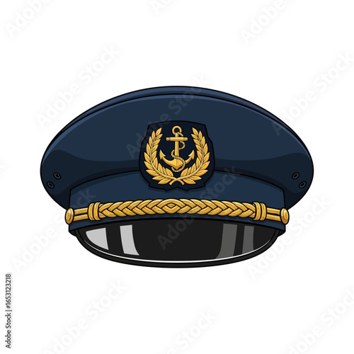 A navy blue captain's hat with a gold anchor emblem and braided trim.