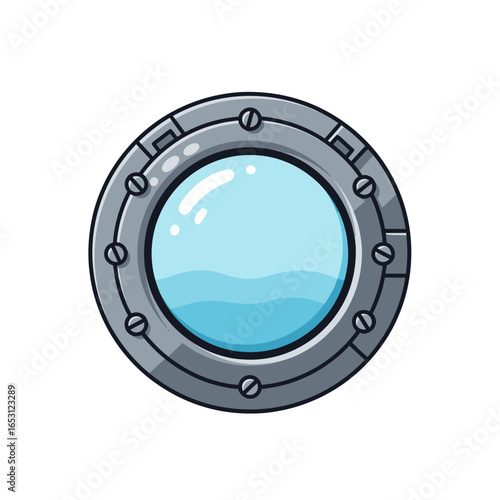 Cartoon-style round porthole with ocean view.