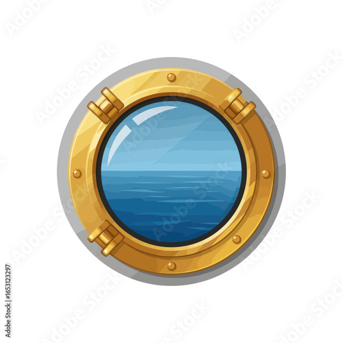 Cartoon illustration of a gold porthole window showing a blue ocean view with gentle waves.