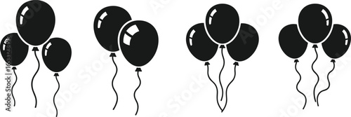Balloon icon set with black filled design, party decoration symbol, celebration graphic, festive event element, birthday and holiday illustration
