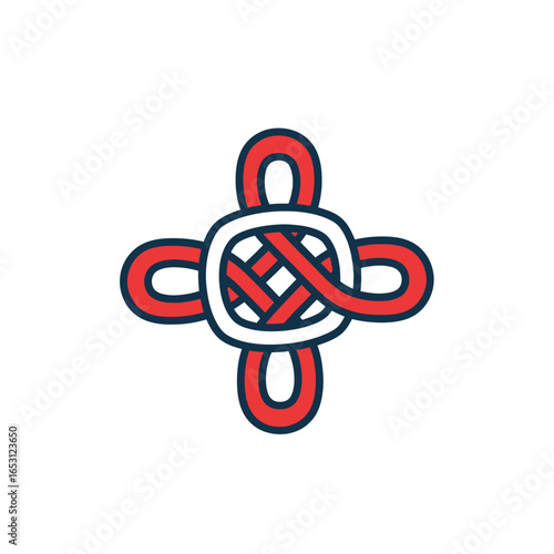 Intertwined red and white knot design, symbolic of unity and good fortune.