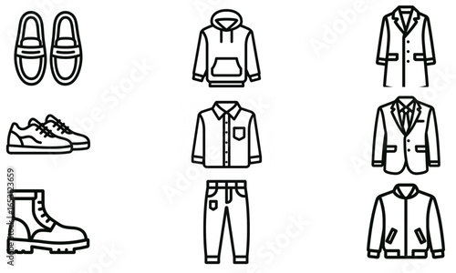 Fashion line art showcasing modern men's apparel and footwear collection