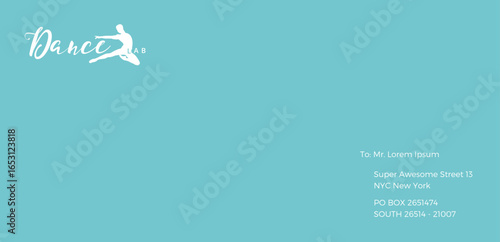 Light blue background with "Dance" text and dancer silhouette in the upper left, address information in the lower right, clean and simple design.
