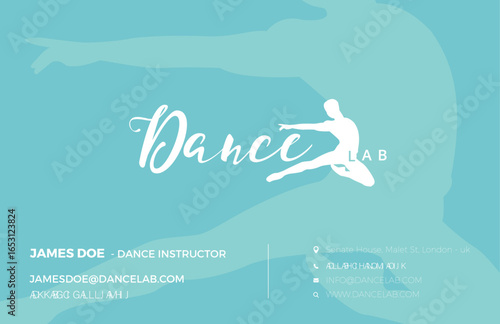 A teal business card features "Dance Lab" in white script, a dancer silhouette, with contact details below, creating a modern, professional, and artistic ambiance.
