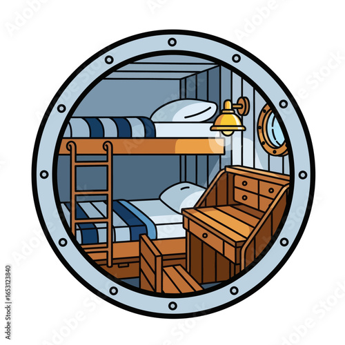 Detailed view of a ship's cabin with bunk beds and a desk.
