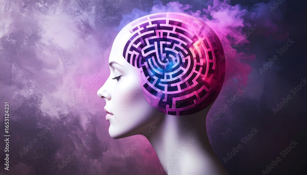 Fototapeta premium A woman's profile, with a maze design on her head, surrounded by colorful smoke.