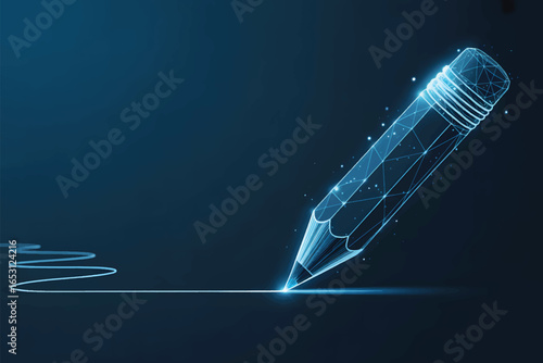 A digital illustration of a glowing blue pencil drawing a line against a deep blue background
