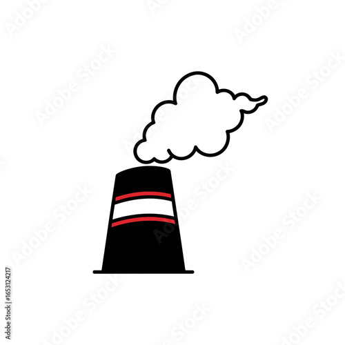 Simple black and red illustration of a factory smokestack emitting white smoke.