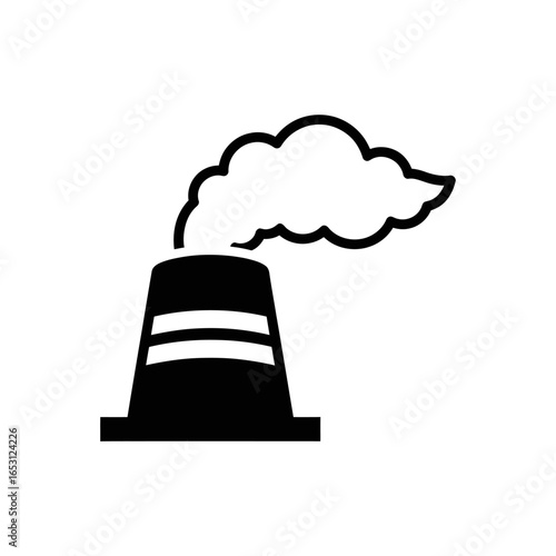 Simple black and white graphic of a factory smokestack emitting smoke.