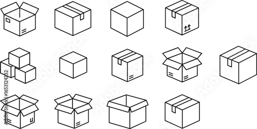 Box icon set with open, closed, taped, and labeled styles, packaging design, shipping container symbol, delivery storage graphic illustration