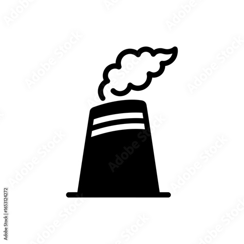 Simple black and white illustration of a factory smokestack emitting smoke.