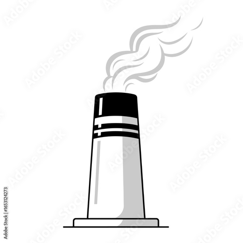 Industrial smokestack emitting grey smoke, simple graphic design.