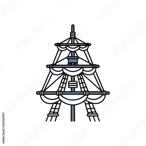 A stylized illustration of a tall ship's mast with furled sails, yards, and intricate rigging on a white background.